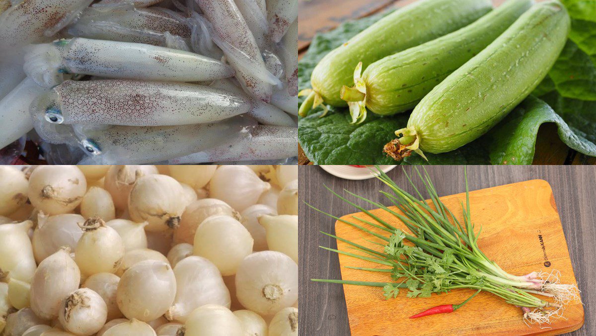 Ingredients for loofah soup with squid