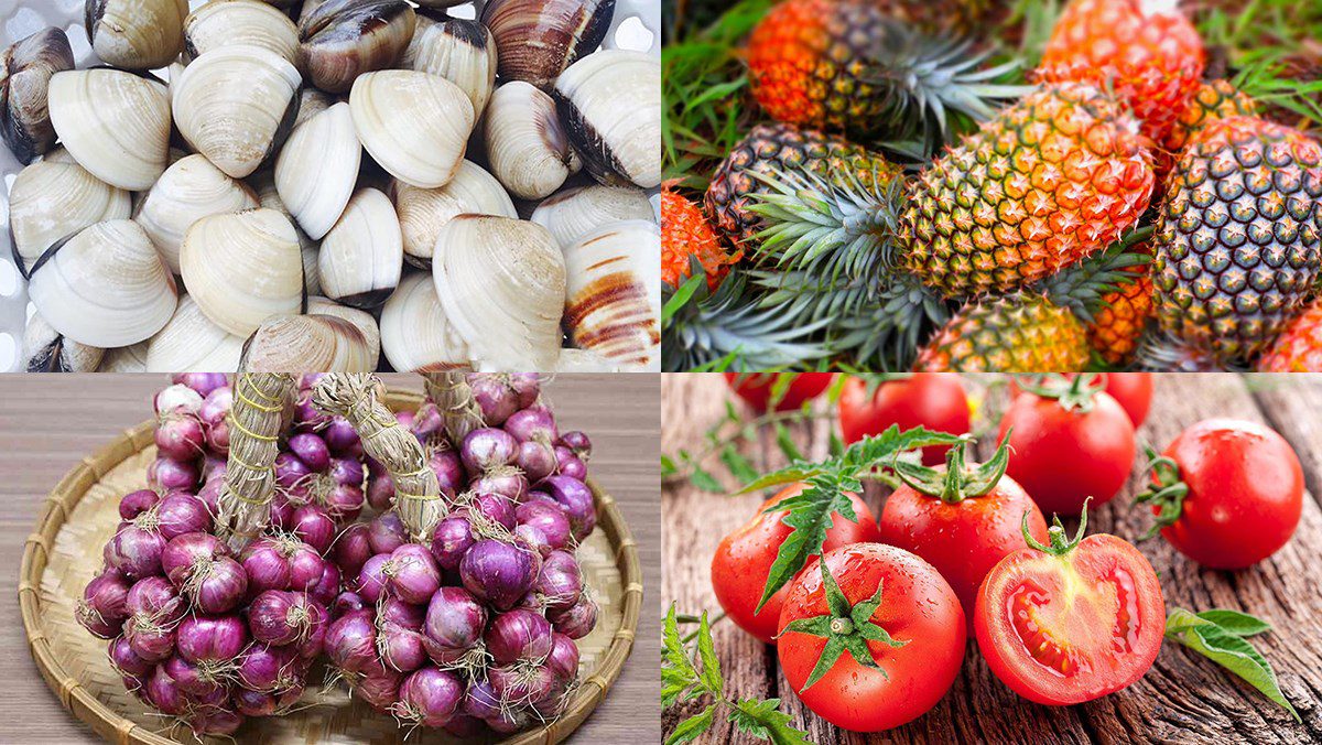 Ingredients for clam soup with vegetables and pineapple