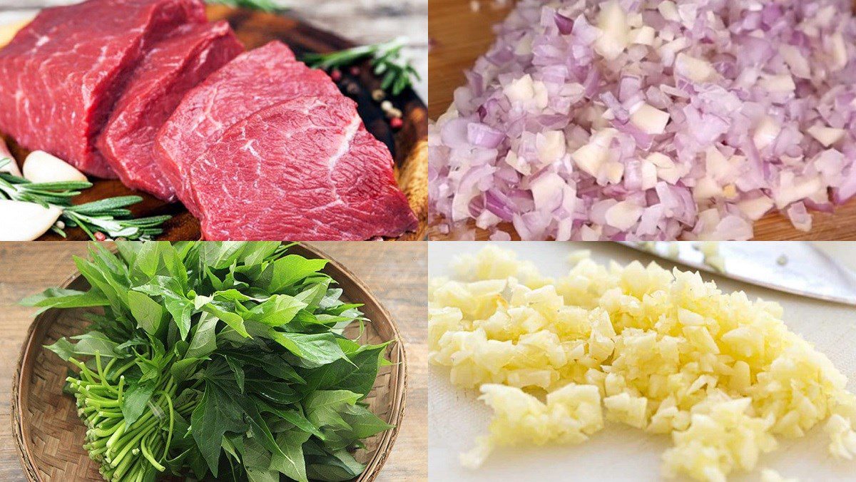 Ingredients for sweet potato leaves soup with beef