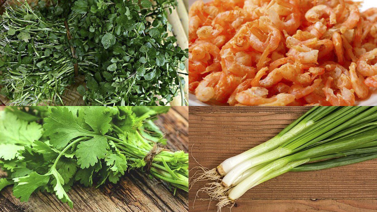 Ingredients for watercress soup with fresh shrimp