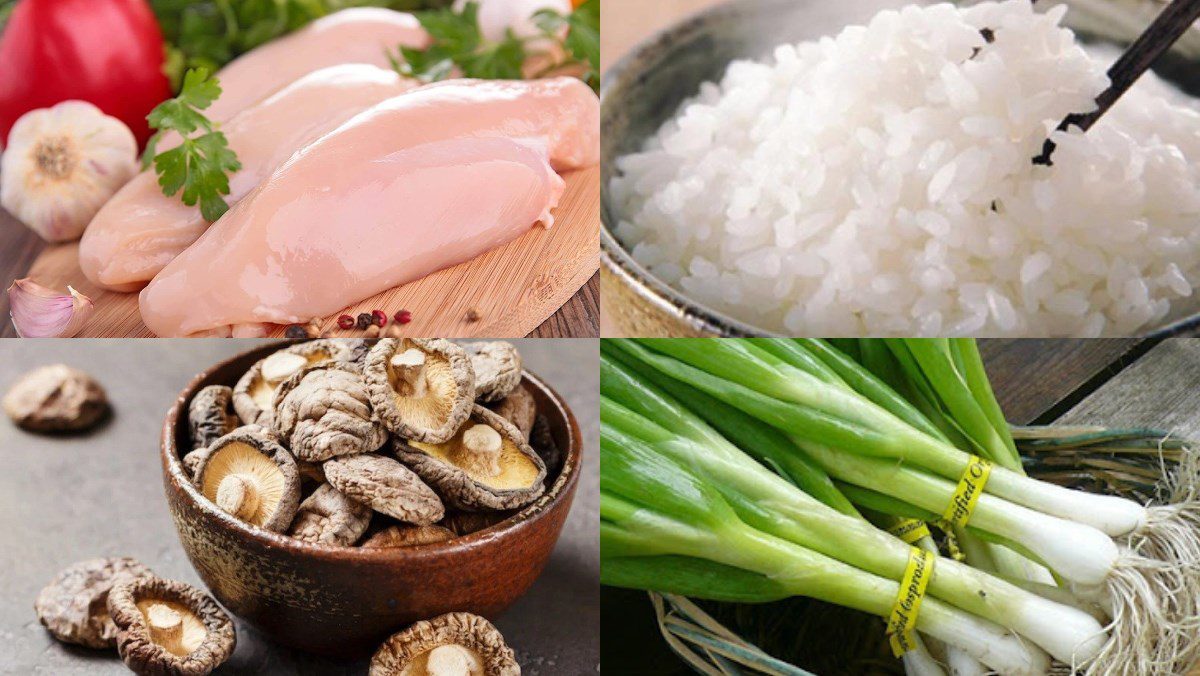 Ingredients for chicken and shiitake mushroom porridge