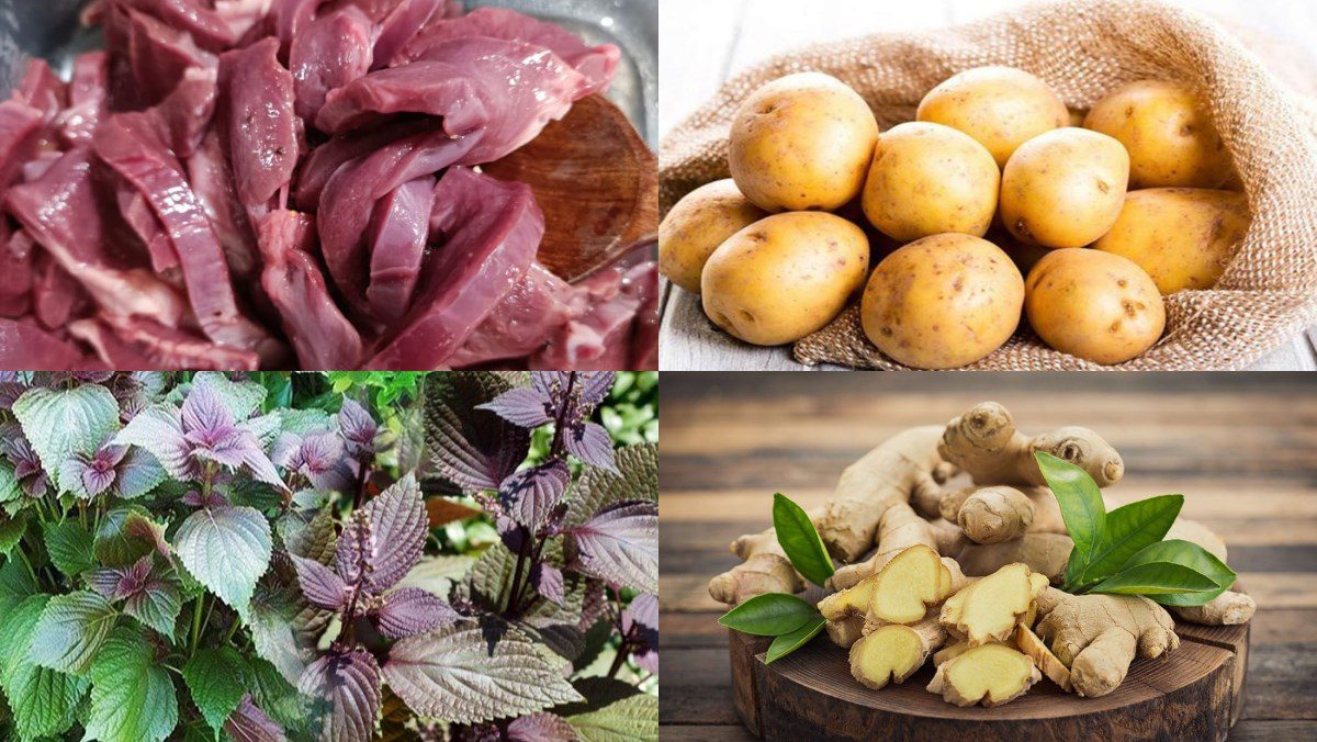 Ingredients for the dish of pig heart porridge cooked with potatoes