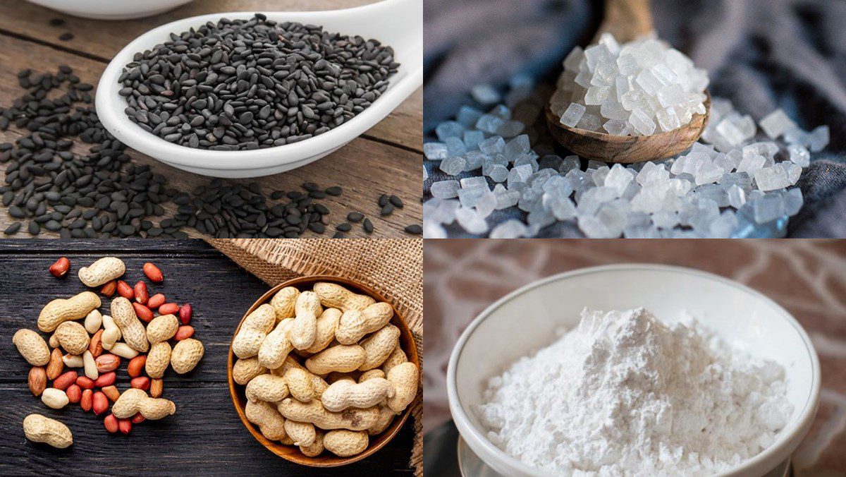 Ingredients for black sesame coconut pudding, black sesame peanut pudding, black sesame with coconut milk