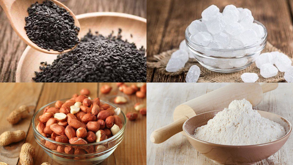 Ingredients for dishes black sesame coconut, black sesame peanut soup, black sesame with coconut milk