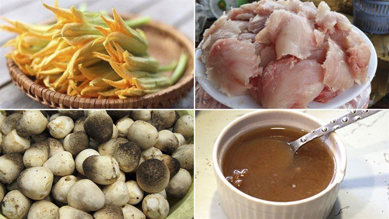 Ingredients for the dish of stuffed pumpkin flowers with snakehead fish and shrimp