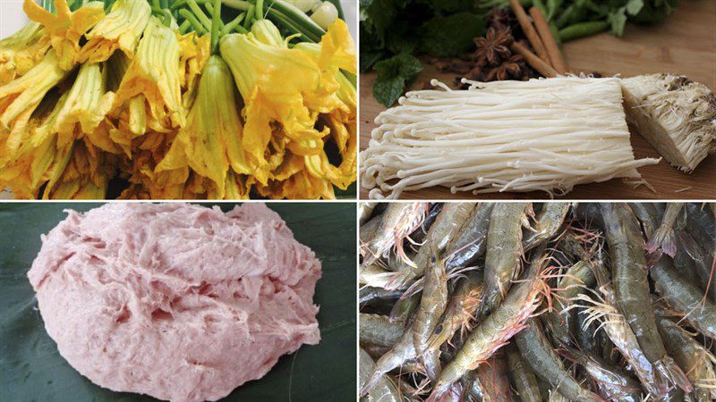 Ingredients for the dish of zucchini flower soup with catfish and shrimp