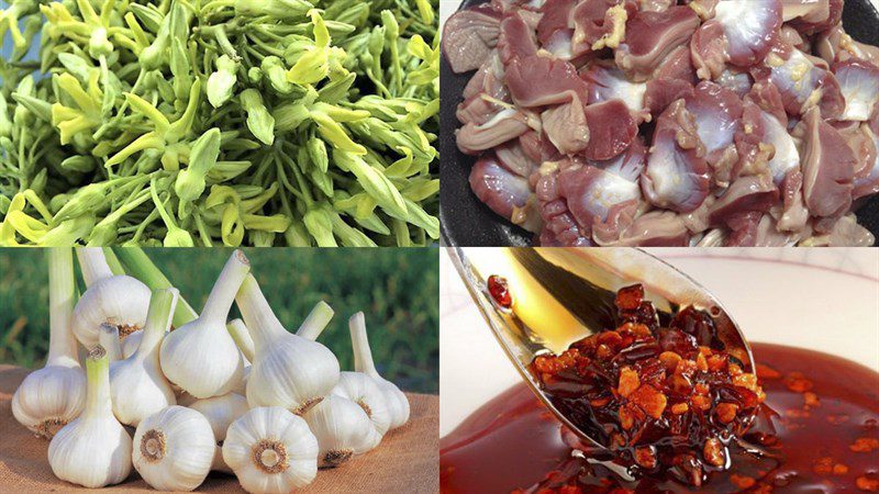 Ingredients for the dish of stir-fried morning glory with shrimp, eggs, and chicken gizzards