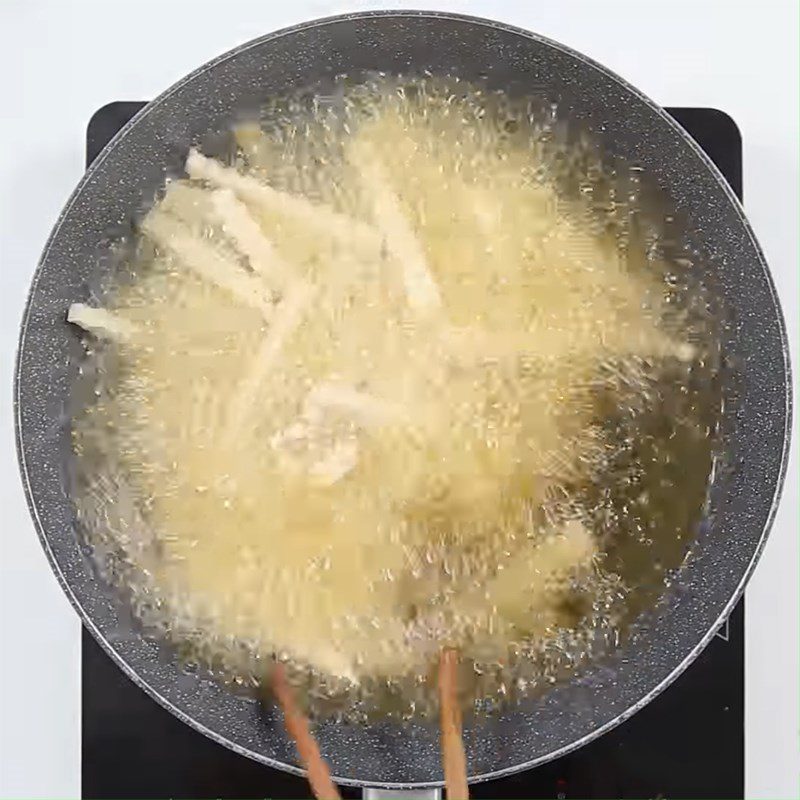 Step 2 Frying Taro for Taro Cheese Puffs