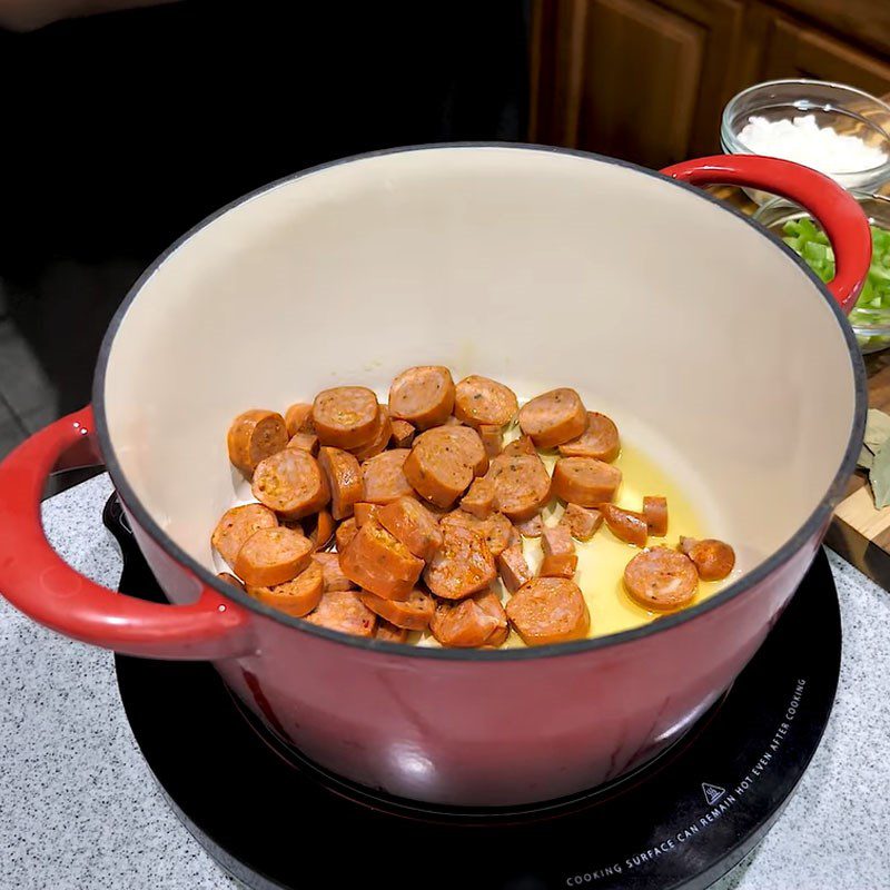 Step 2 Fry the sausages American style red bean rice