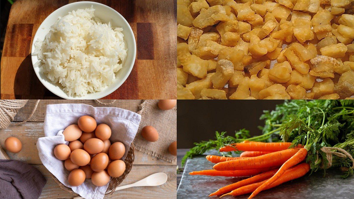 Ingredients for fried rice with pork cracklings