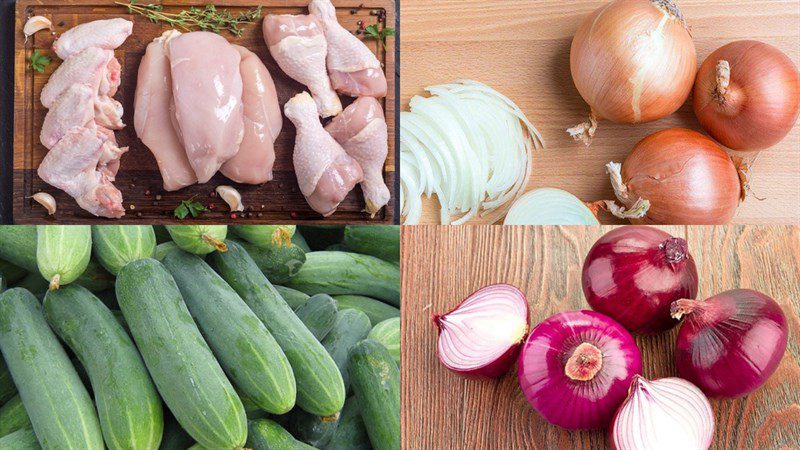 Ingredients for chicken salad with onion and cucumber