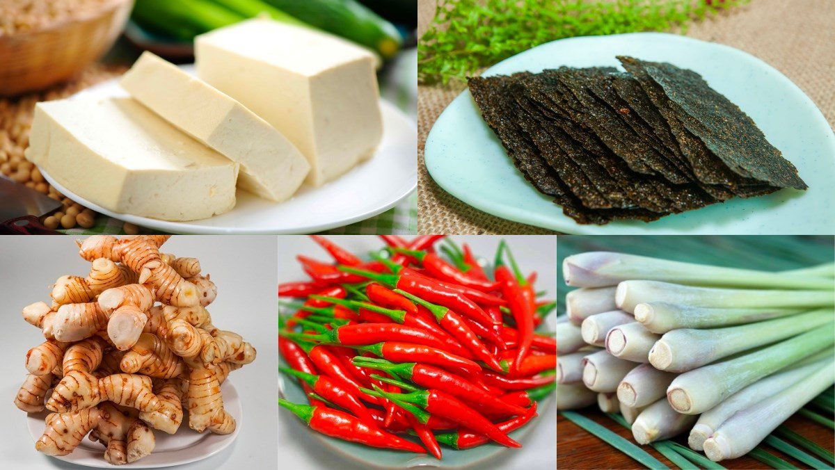 Ingredients for the dish of braised tofu with lemongrass and chili