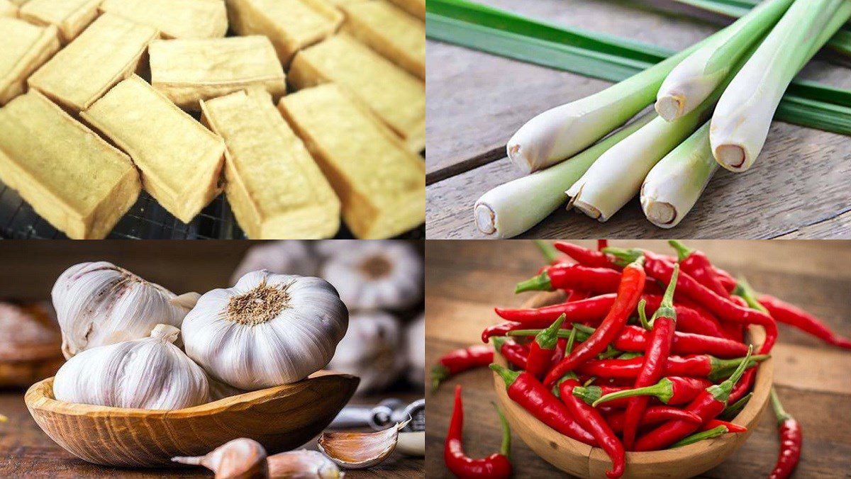 Ingredients for the dish tofu stewed with lemongrass and chili