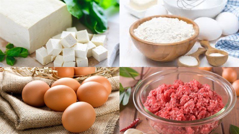 Ingredients for the dish of steamed silken tofu with egg and minced meat