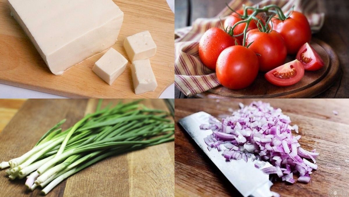 Ingredients for the dish of soft tofu with tomato sauce and vegetables