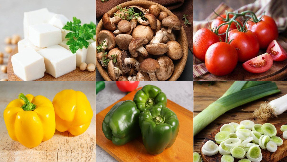 Ingredients for soft tofu in tomato sauce, vegetables