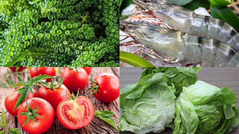 Ingredients for seaweed salad with shrimp