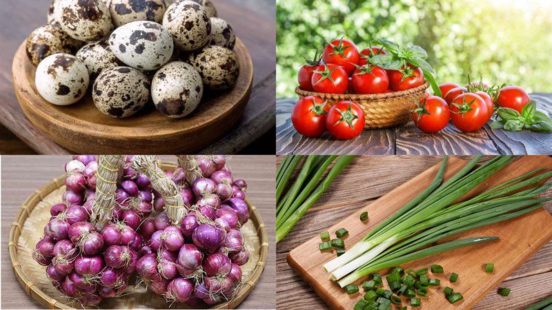 Ingredients for fried quail eggs with tomato sauce