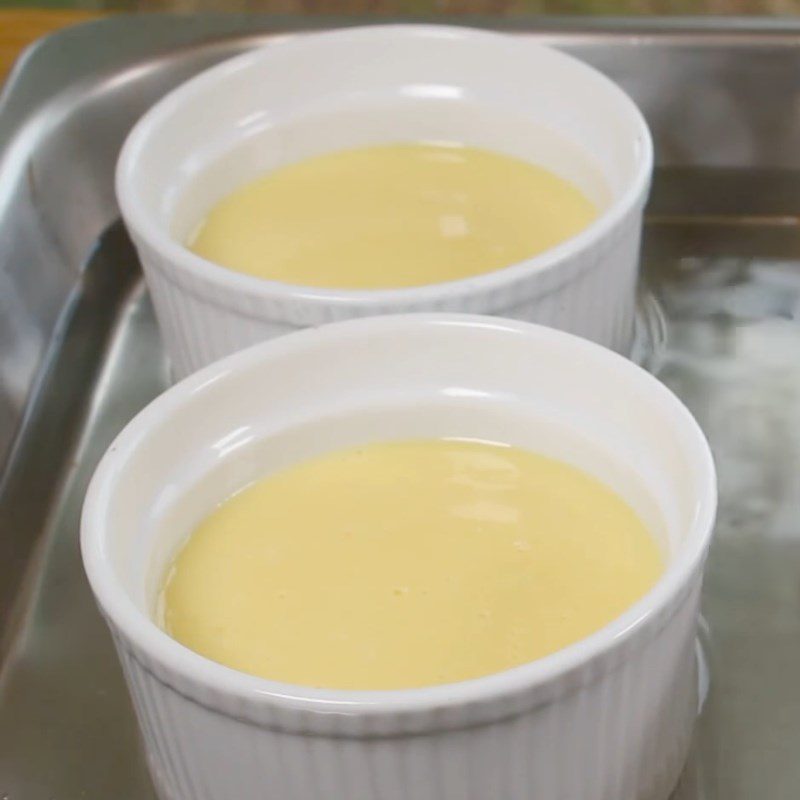 Step 4 Pouring the mold and baking flan Mango flan