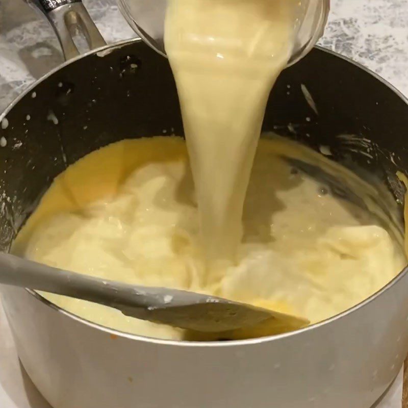 Step 2 Boil the egg milk mixture Soy milk mochi cake