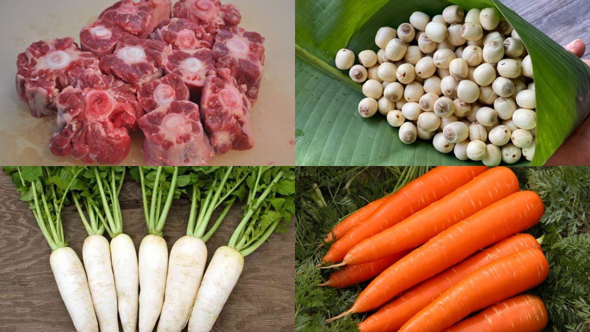 Ingredients for the dish of beef tail stew with lotus seeds