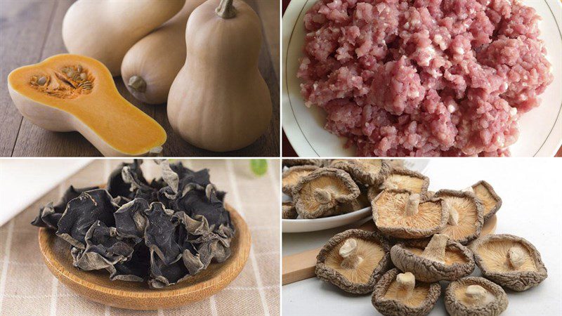 Ingredients for fried pumpkin with meat and fried pumpkin with shrimp