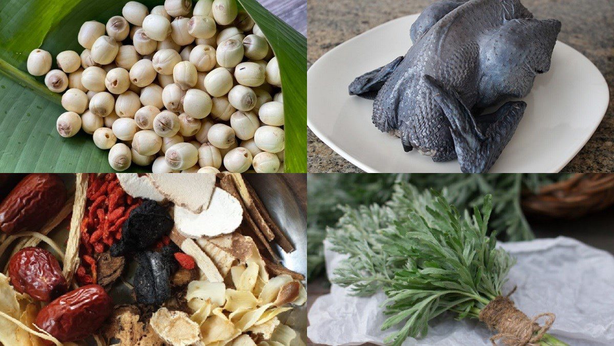 Ingredients for chicken stew with traditional medicine and mugwort