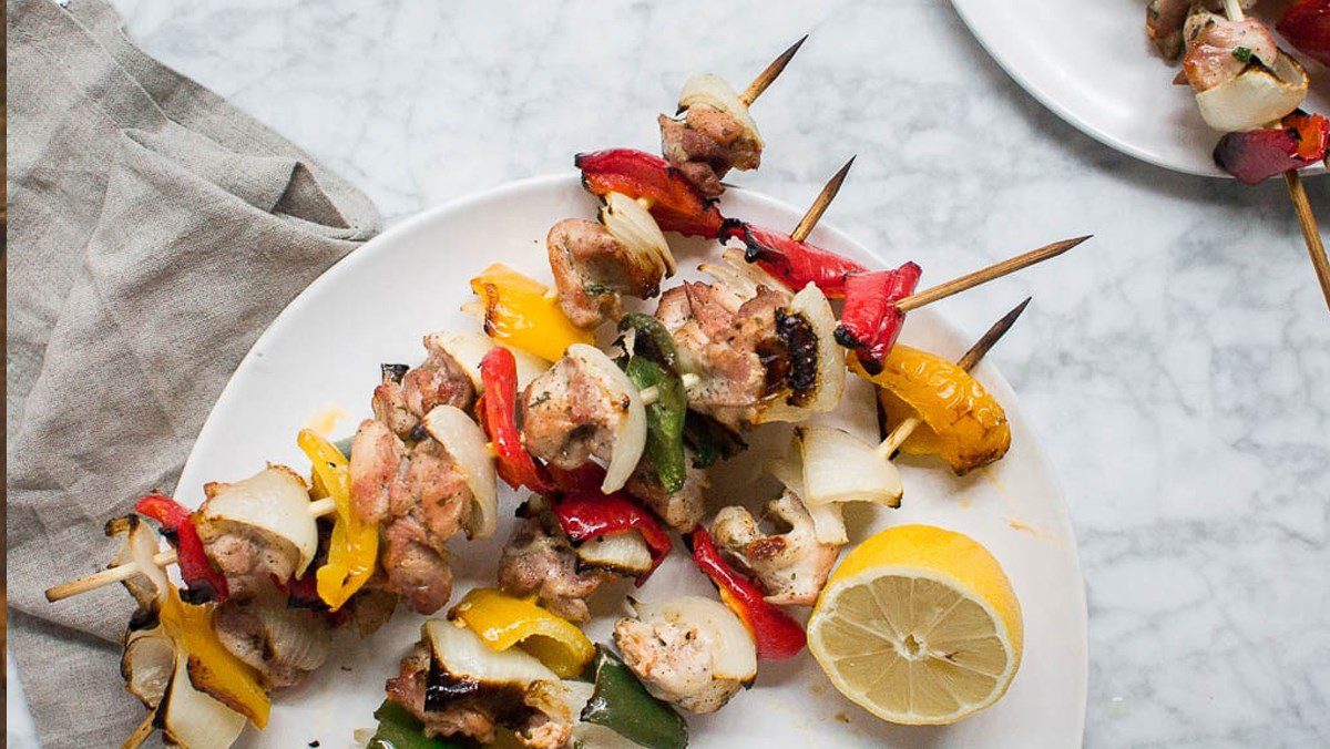 Grilled vegetable chicken skewers with teriyaki sauce