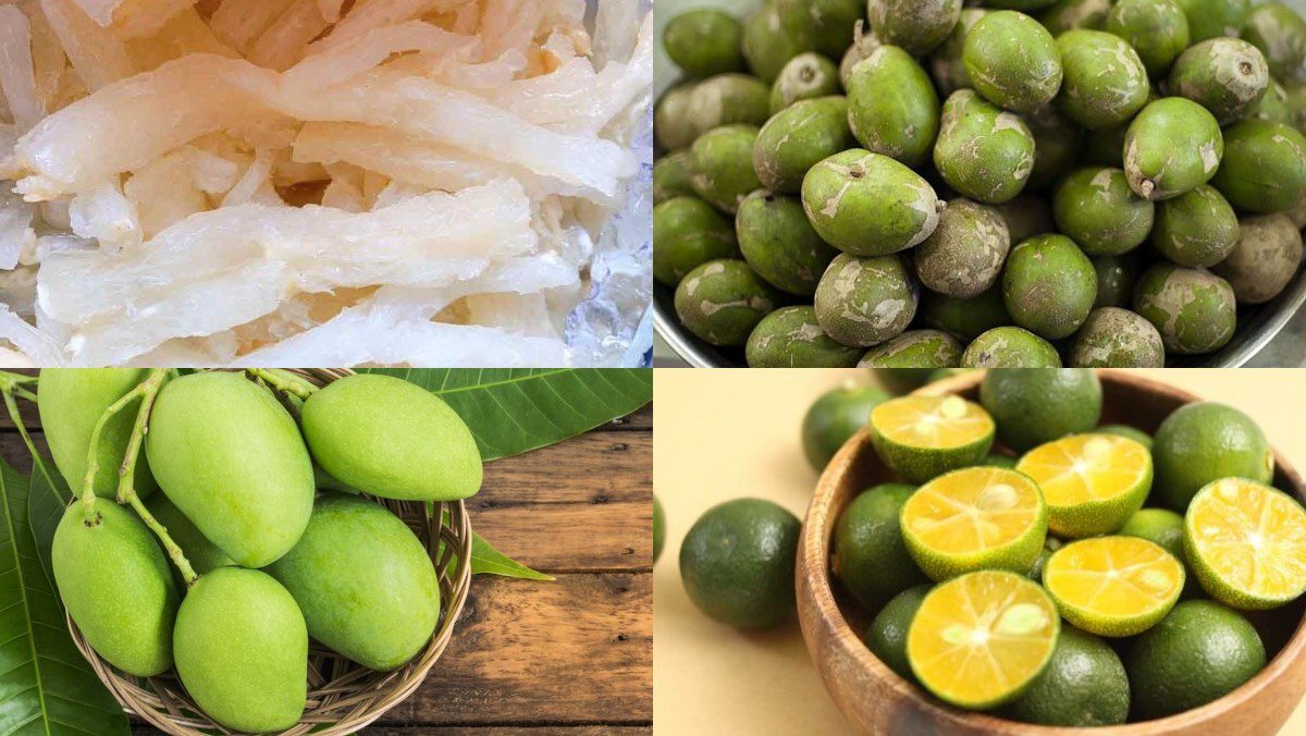 Ingredients for beef tendon salad with young green mango and salted kumquat