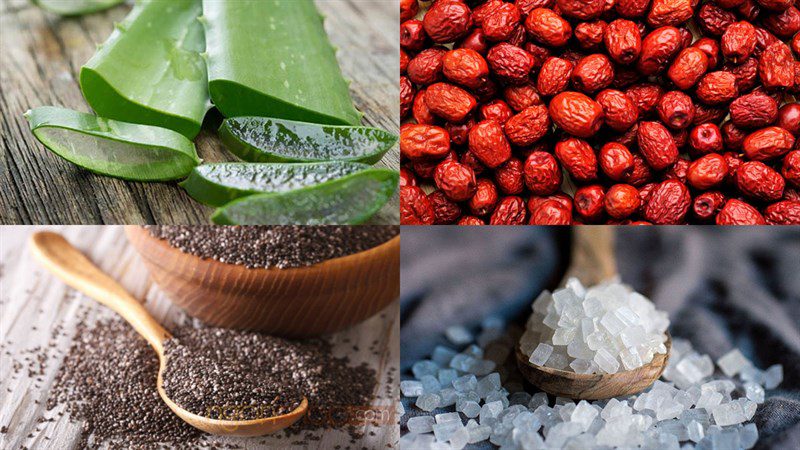 Ingredients for the dish aloe vera chia seed rock sugar, aloe vera chia seed red apple, aloe vera chia seed butterfly pea flower