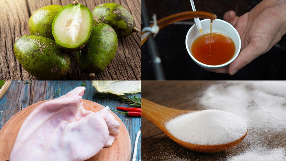 Ingredients for the dish 3 ways to make sour and spicy green mango salad with pig ears