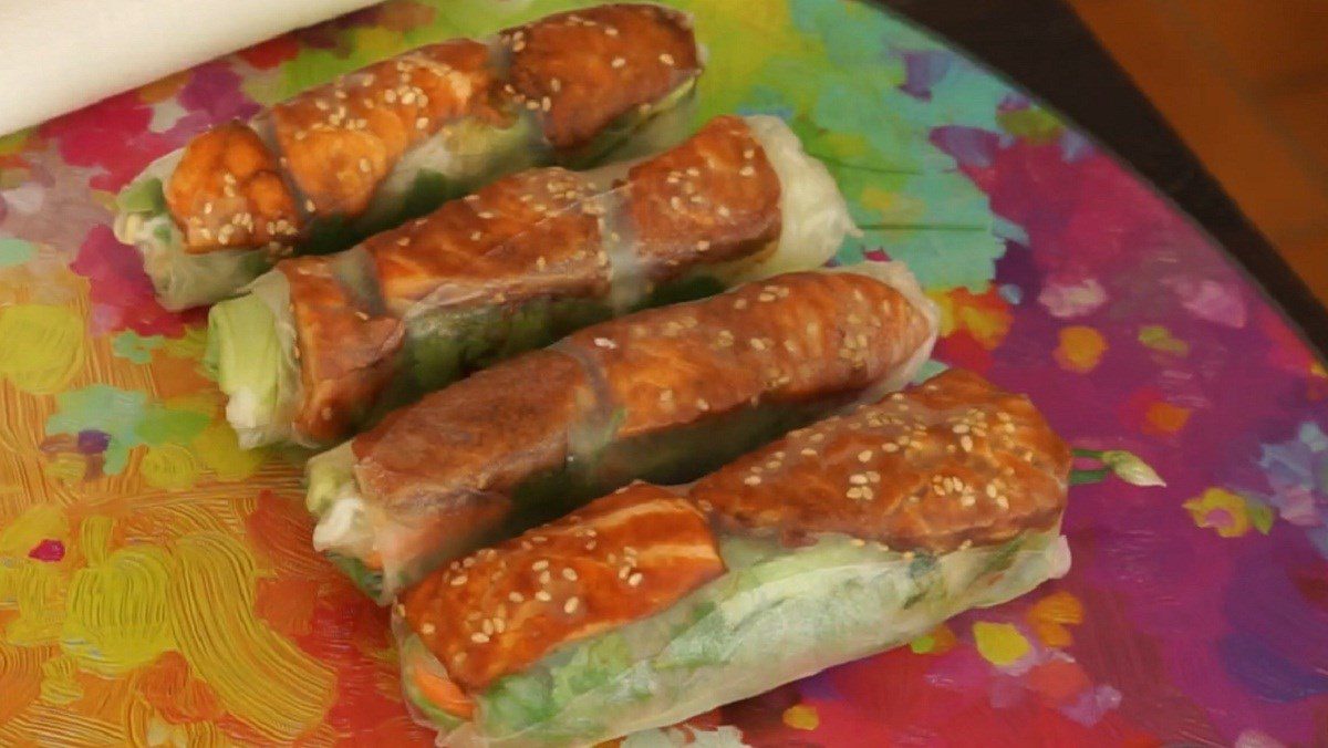 Teriyaki salmon spring rolls