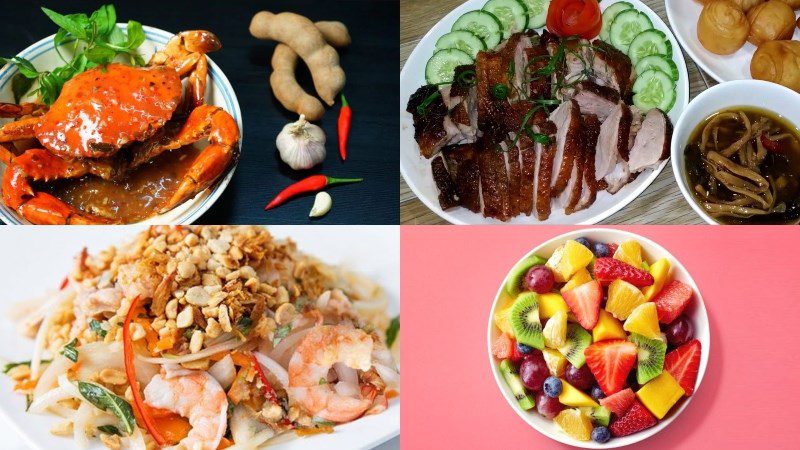 Crab soup, stir-fried crab with tamarind, roast duck, pork ear and shrimp salad, Thai hot pot, fruits, soda/beer