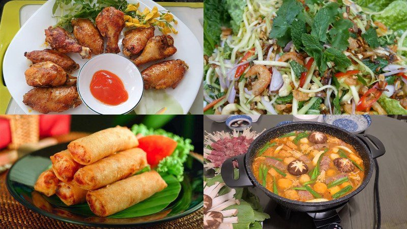 Five-spice roasted chicken, seafood spring rolls, grilled lobster with cheese, dried shrimp mango salad, beef hot pot, fruits, soda/beer