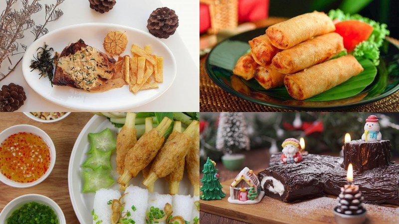 Beef steak, shrimp cake, grilled snakehead fish with onion grease, spring rolls with shrimp and pork, spicy chicken hot pot, yule log cake