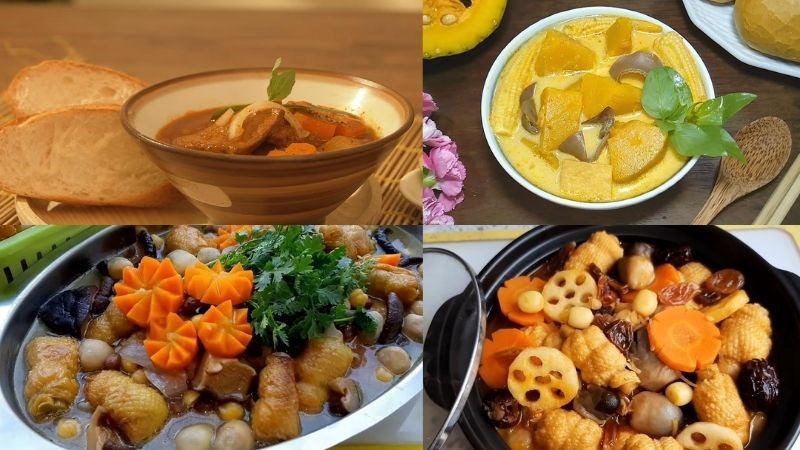 Vegetarian beef stew - vegetarian curry - vegetarian chicken with tofu - vegetarian herbal chicken