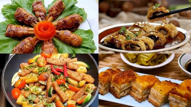 Vegetarian fried chicken with fish sauce - vegetarian mushroom roll chicken - vegetarian sweet and sour ribs - vegetarian roasted pork