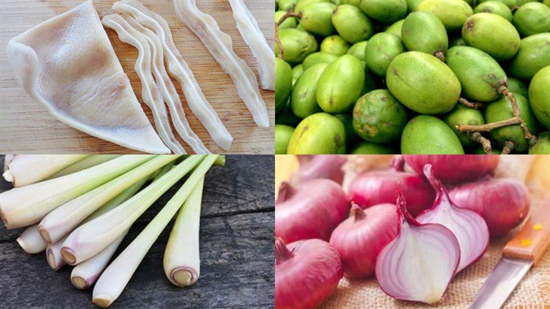 Ingredients for the dish 3 ways to make spicy sour green mango salad with pig ear