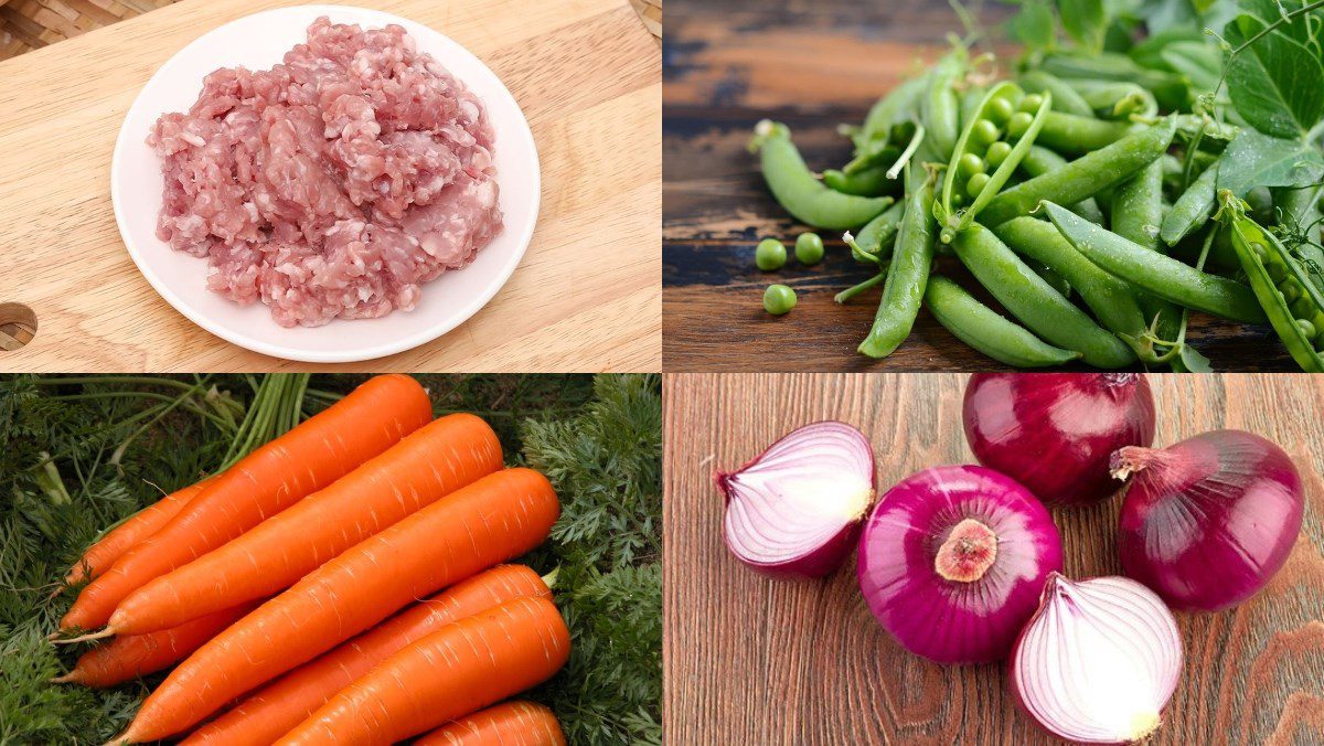 Ingredients for the dish of stir-fried green peas and minced meat