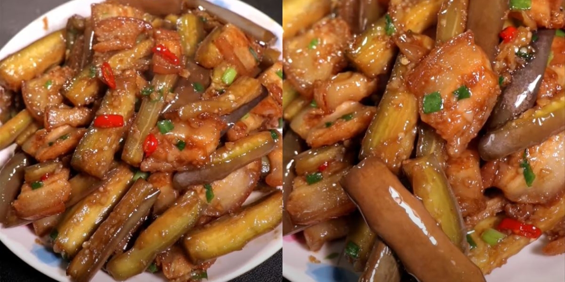 how to make eggplant stir fried with fat pork soft and smooth in pan 22326