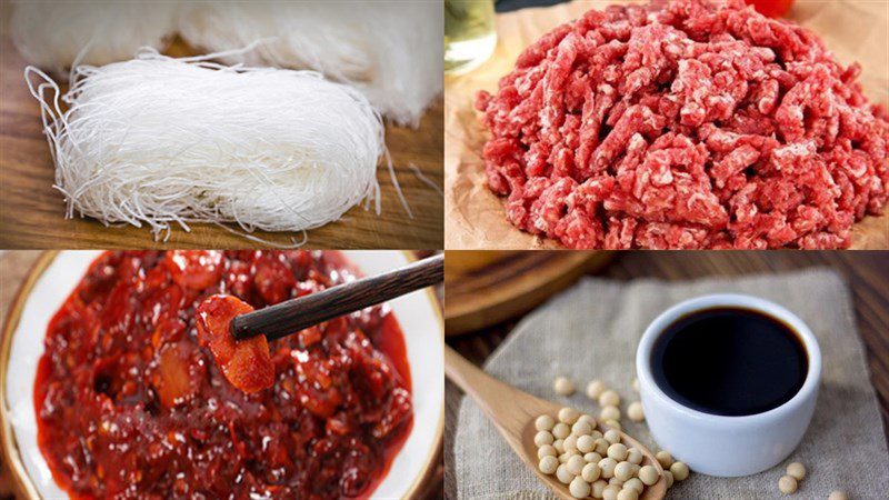 Ingredients for stir-fried noodle dish with minced beef