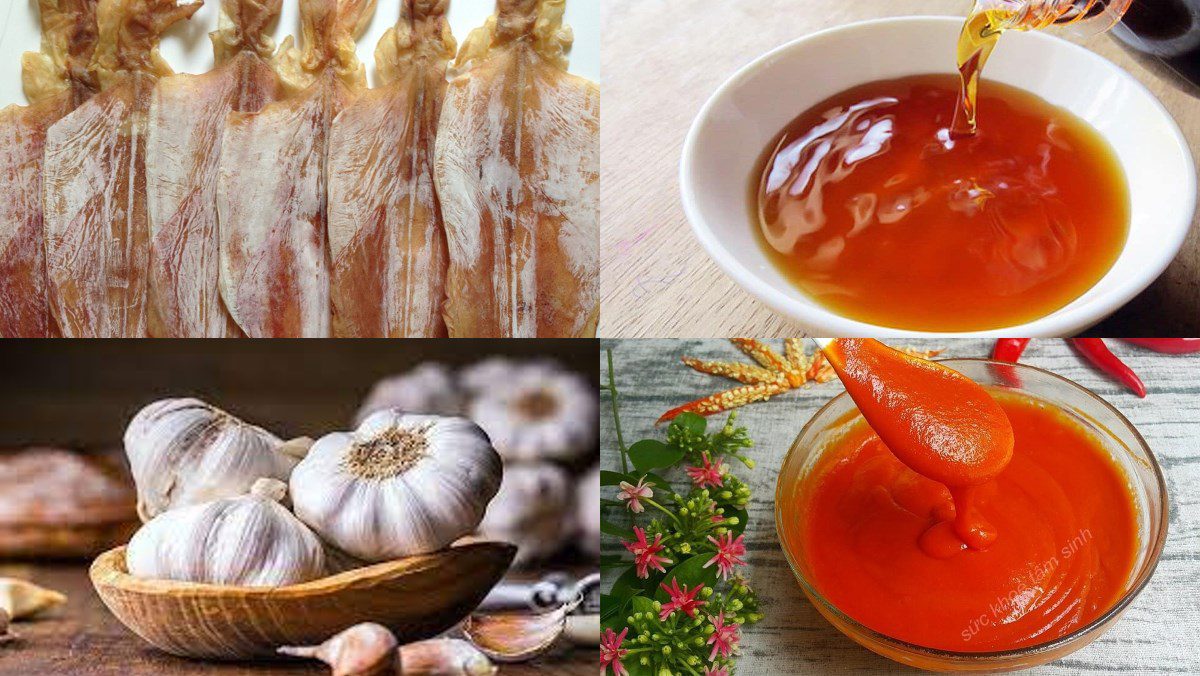 Ingredients for the dish of fried dried squid with garlic