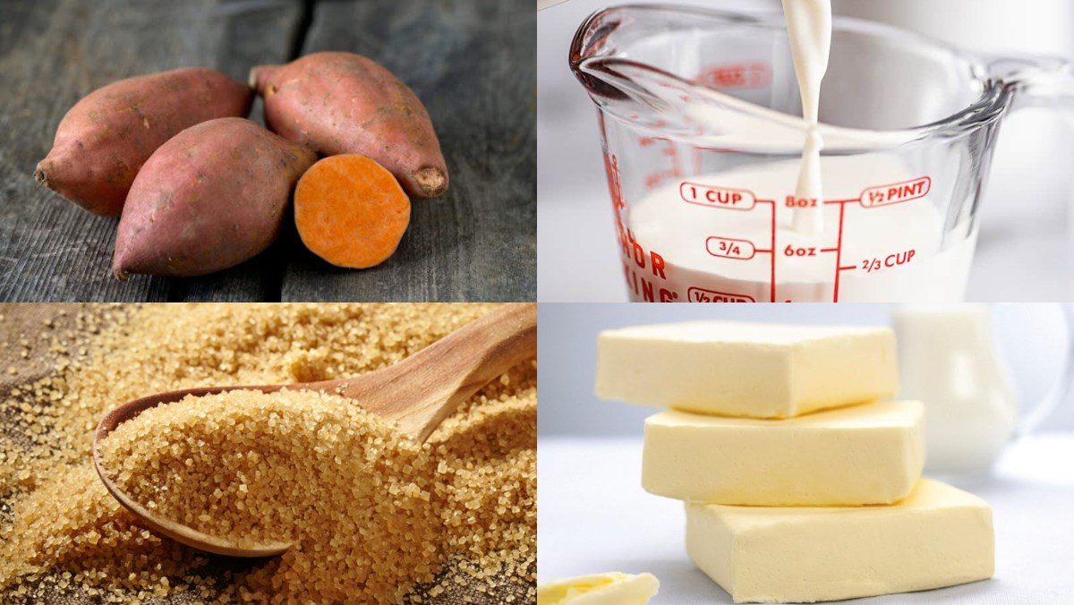 Ingredients for mashed sweet potatoes, cinnamon honey mashed sweet potatoes, cheese mashed sweet potatoes, and yogurt mashed sweet potatoes