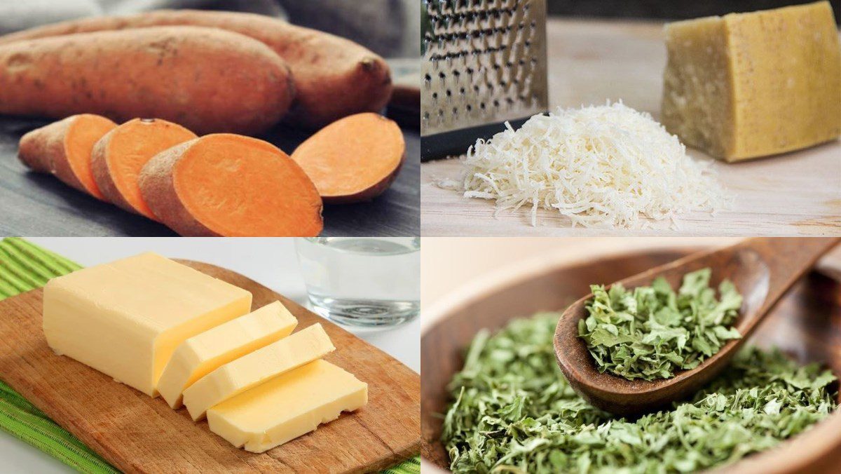 Ingredients for mashed sweet potato dish, honey cinnamon mashed sweet potato, cheese mashed sweet potato, and yogurt mashed sweet potato
