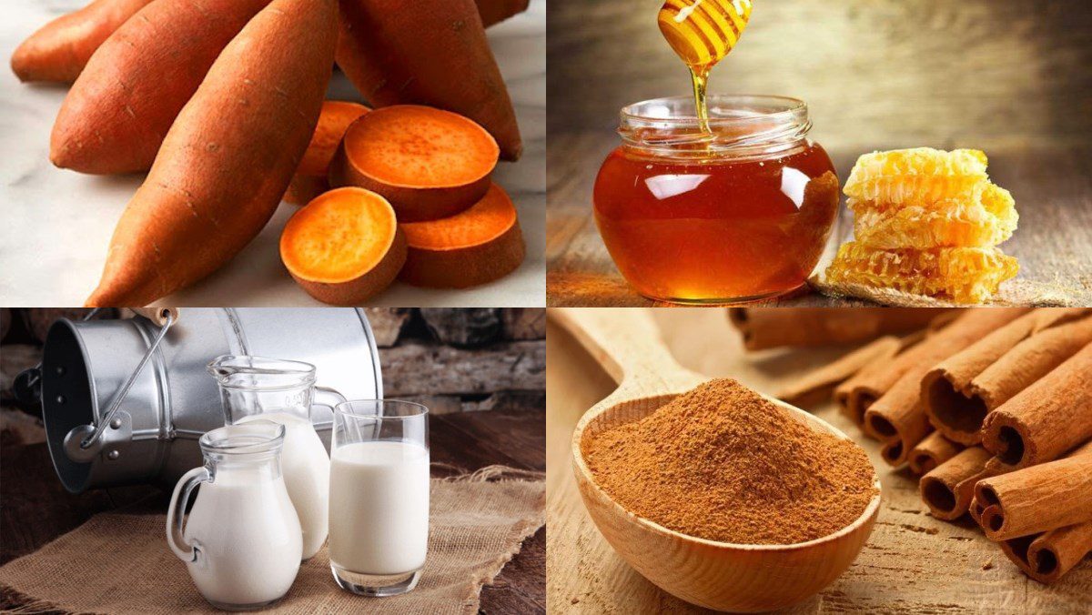 Ingredients for mashed sweet potato dish, mashed sweet potato with honey cinnamon, mashed sweet potato with cheese and mashed sweet potato with yogurt