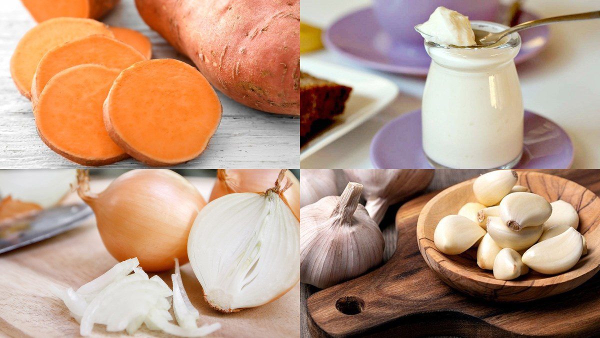 Ingredients for mashed sweet potatoes, honey cinnamon mashed sweet potatoes, cheese mashed sweet potatoes, and yogurt mashed sweet potatoes