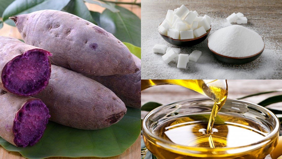 Ingredients for purple sweet potato coated with sugar