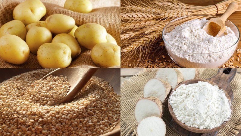 Ingredients for fried potato dish with wheat flour and tapioca flour