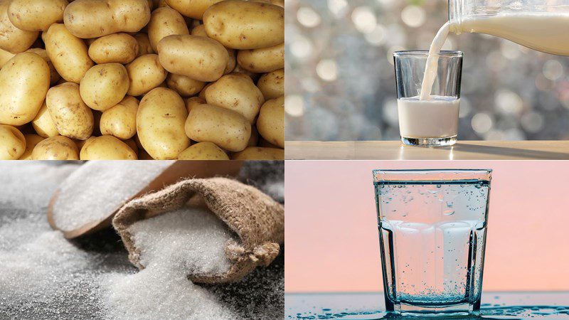 Ingredients for mashed potatoes mixed with milk