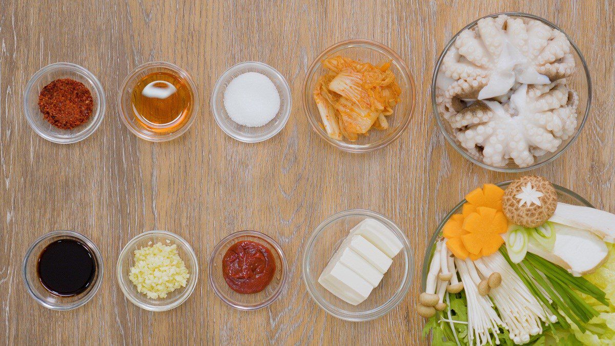 Ingredients for octopus kimchi hot pot dish